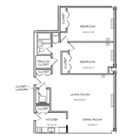 Floor plan for 2 beds, 1 bath, 1126 sqft
